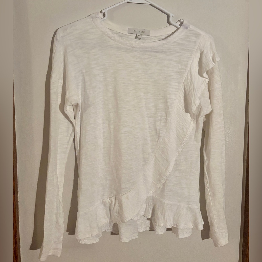 Eri + Ali Anthropologie White Long Sleeve Cross Body Ruffle Tee Size XS